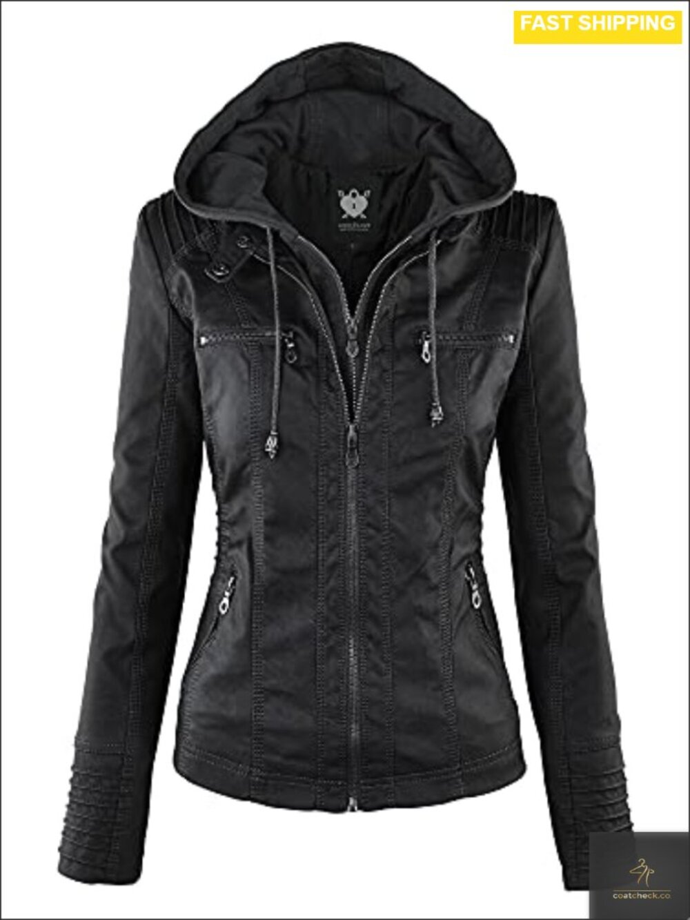 Faux Leather Moto Biker Jacket Cropped Slim Fit Removable Hood